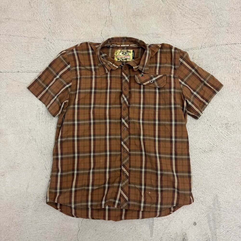 Mossy Oak Brown Plaid Short Sleeve Button Up Shirt